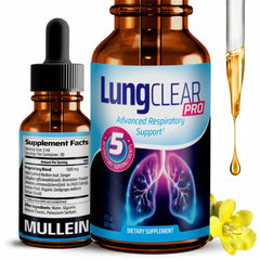 Lung Clear Pro bottle with drops supports breathable lungs and mucus relief.