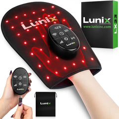 Lunix LX23 glove shows even red and infrared light coverage for hands during at-home sessions.