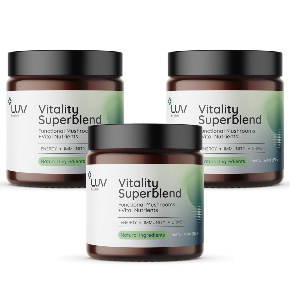LUV health Vitality Superblend bottle front, a convenient daily wellness choice.