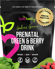 LuvBelly Greens for Pregnant Women front tub showing convenient prenatal greens for daily nourishment.