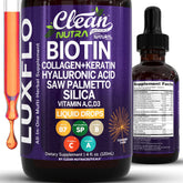 LuxFlo liquid biotin-collagen drops bottle supporting hair nourishment and skin hydration.