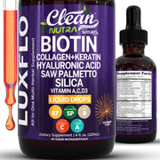 LuxFlo liquid biotin-collagen drops bottle supporting hair nourishment and skin hydration.