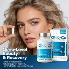 LuxHealth GHK-Cu packaging highlighting vegan, non-GMO formula.