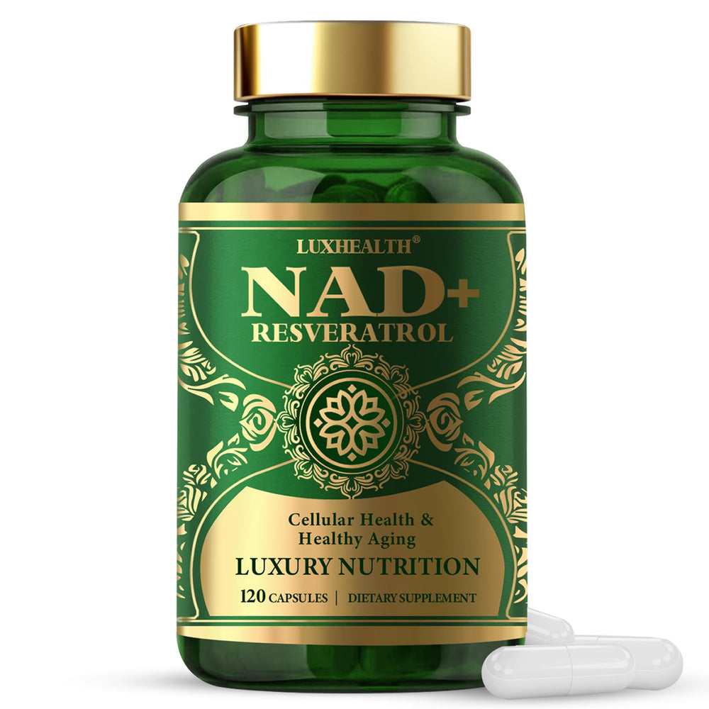 LuxHealth NADH supplement bottle visible, supports daily energy and focus.