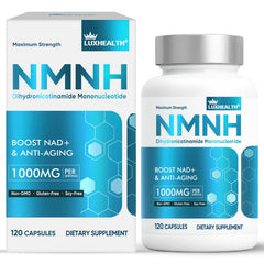 LuxHealth NMNH bottle front showing label and energy support.