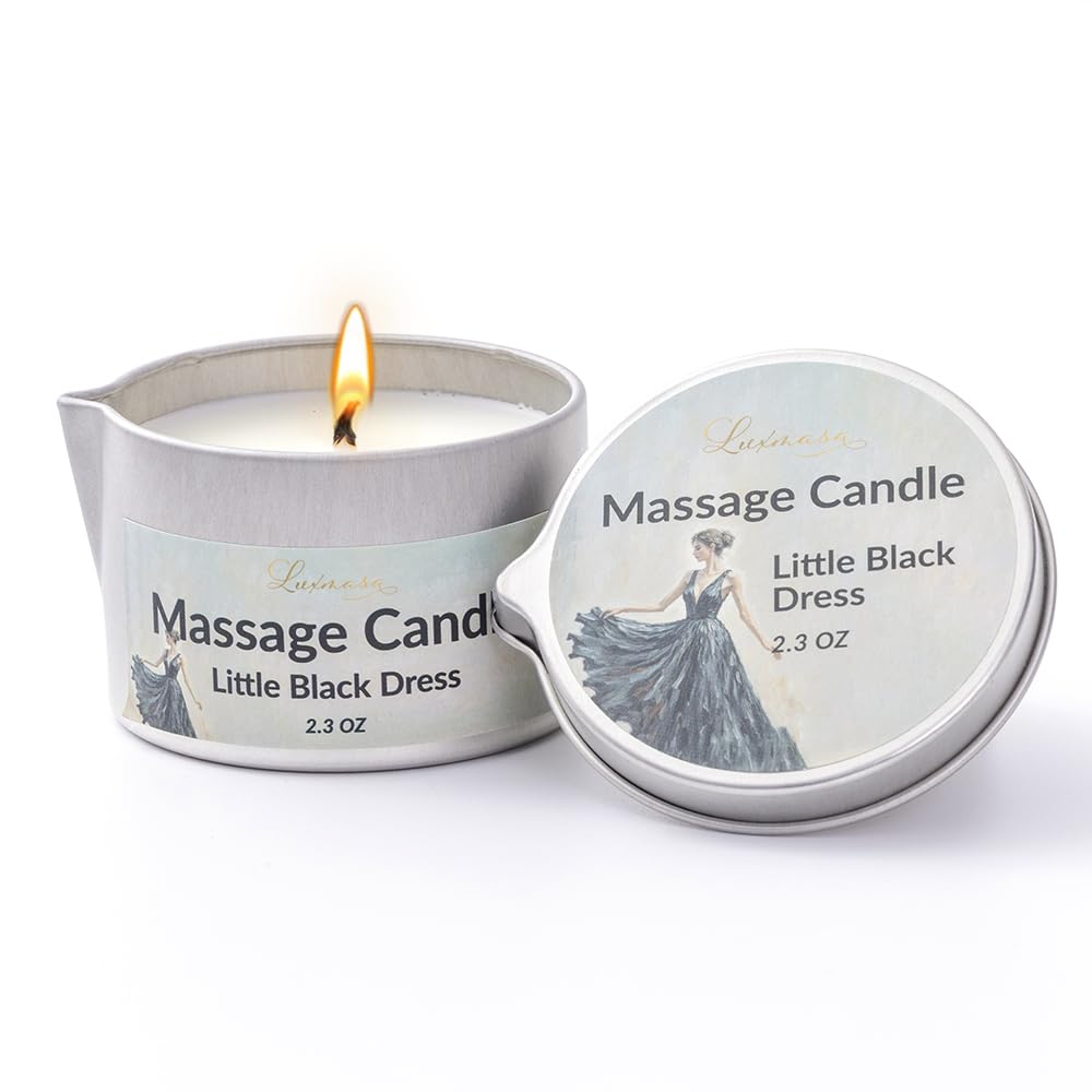LUXMASA Massage Candle Little Black Dress showing the warming oil for at home spa relaxation