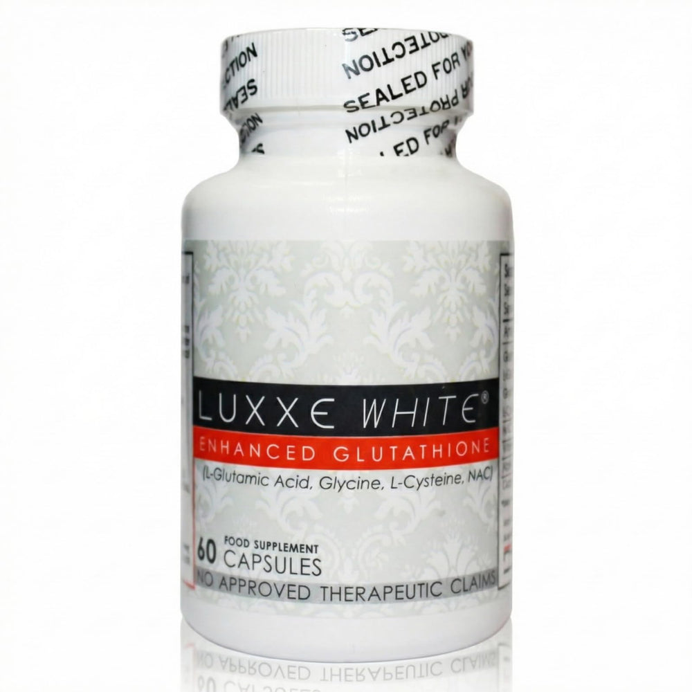 Luxxe White bottle front view showcases premium antioxidant formula for daily wellness.