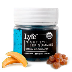 LYFE Sleep Gummies bottle front with creamy melon flavor for calm, restful evenings.