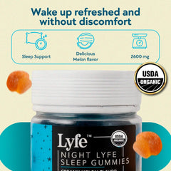 LYFE Sleep Gummies displayed with a glass of water for bedtime use.