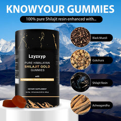Lzyzxyp Gummies Gold Shilajit label shows Ashwagandha content and natural ingredients