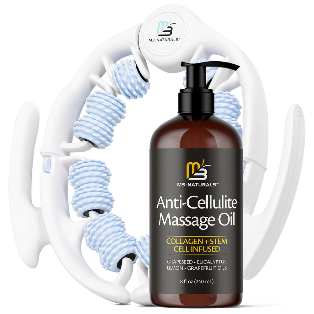 M3 Naturals anti-cellulite oil bottle delivering lightweight hydration.