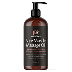 Close-up of M3 Naturals Arnica Sore Muscle Oil label highlighting key ingredients