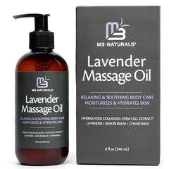Hands applying M3 Naturals Lavender Massage Oil with calming lavender scent