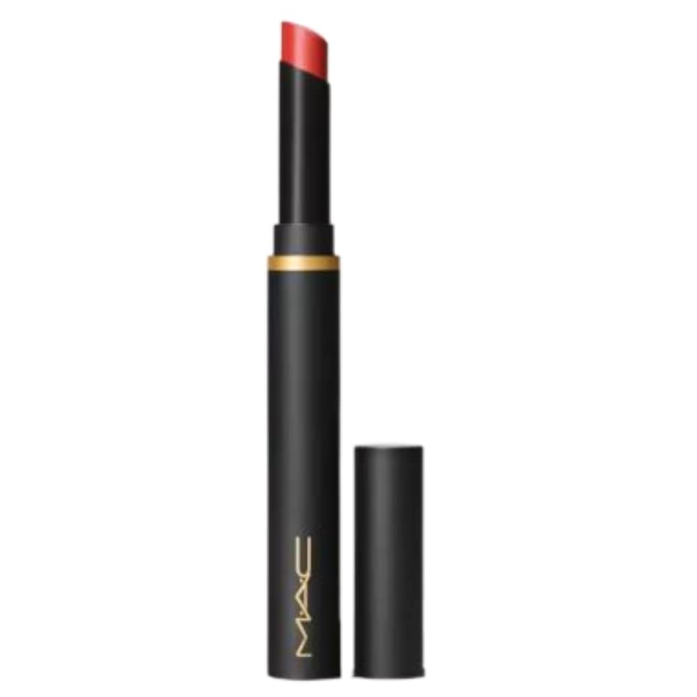 MAC Powder Kiss Velvet Blur Lipstick 878 Dubonnet Buzz swatch shows deep red wine shade.