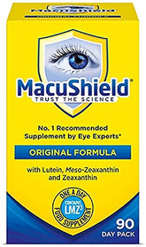 MacuShield eye supplement bottle prepared for daily use.