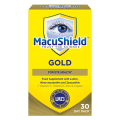 MacuShield Gold bottle front for daily eye health support.