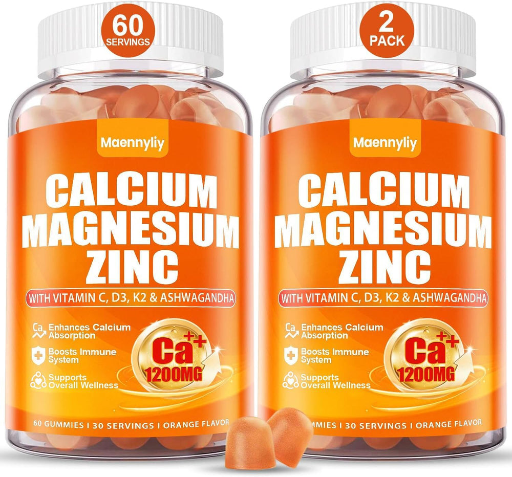 Maennyliy Calcium 1200mg bottle closeup showing gummies and label for easy dosing.