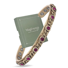 MagEnergy copper bracelet close-up highlights braided wire and emerald cz stones for a vintage-inspired look.