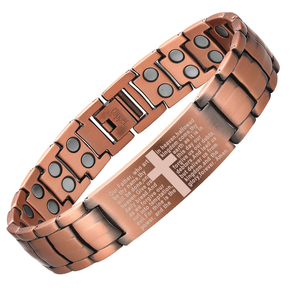 MagEnergy copper bracelet cross design close-up shows masculine style and durable craftsmanship.