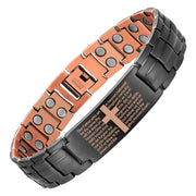 MagEnergy copper cross bracelet close-up, hypoallergenic and durable