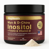MagHealth Inositol powder bottle poured into a glass for daily wellness routine.