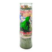 MAGICK SPACE Money Machine Green Candle on altar for prosperity rituals.