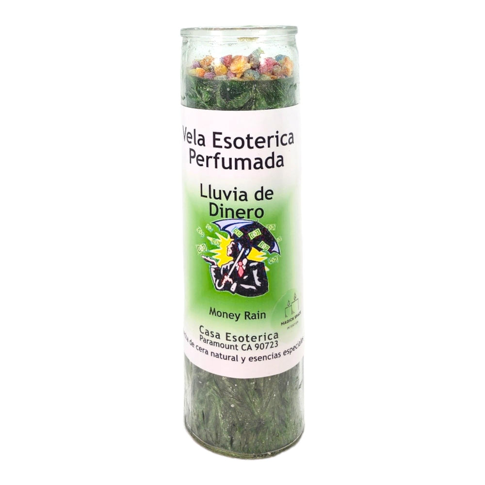 MAGICK SPACE Money Rain Palm Wax Candle in green glow for prosperity rituals.