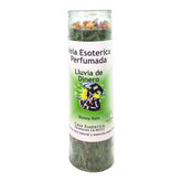 MAGICK SPACE Money Rain Palm Wax Candle in green glow for prosperity rituals.