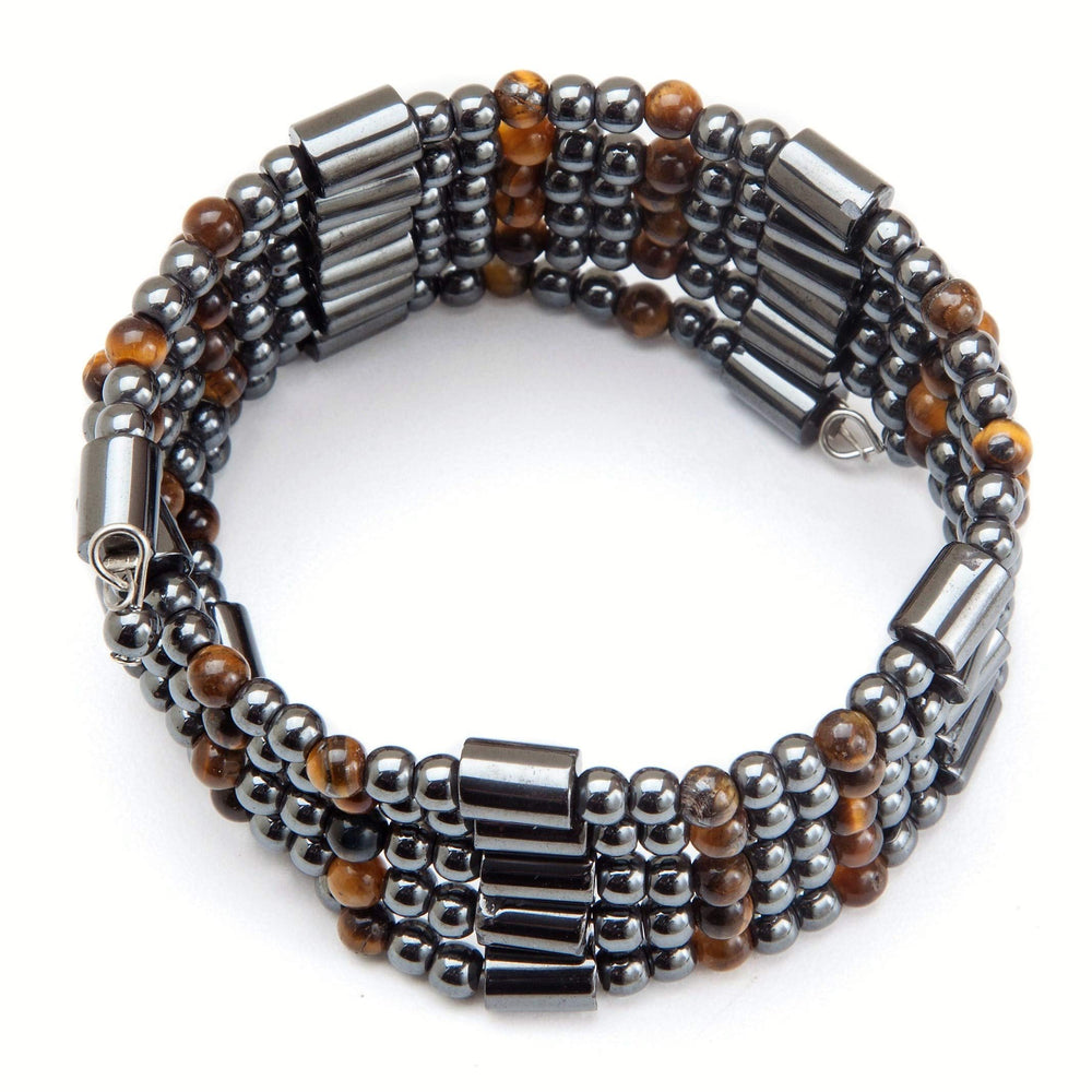 MAGNEHEALTH tiger eye and black hematite wrap front view, a stylish wellness accessory.