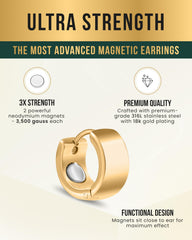MagnetRX gold polished earrings close-up detail, premium 316L steel with refined shine.