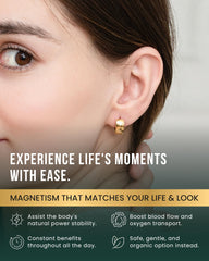 MagnetRX gold polished earrings side view, sleek silhouette for all day comfort.