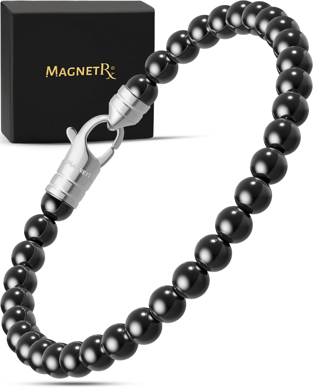 MagnetRX hematite bracelet classic close-up showing premium 6mm beads