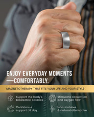 MagnetRX ring on finger close-up highlighting comfortable metal design