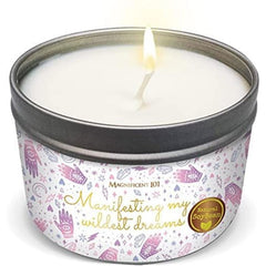 Magnificent 101 Affirmation Candle in a white tin with a warm glow for meditation.