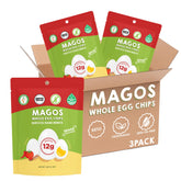 Magos Egg Chips bag with eggs rancheros flavor, protein-packed snack.