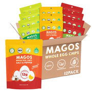 Magos Egg Chips Garlic Parmesan bag showing a savory high-protein snack ideal for on the go