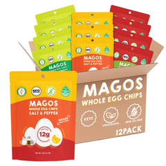 Magos Egg Chips Garlic Parmesan bag showing a savory high-protein snack ideal for on the go