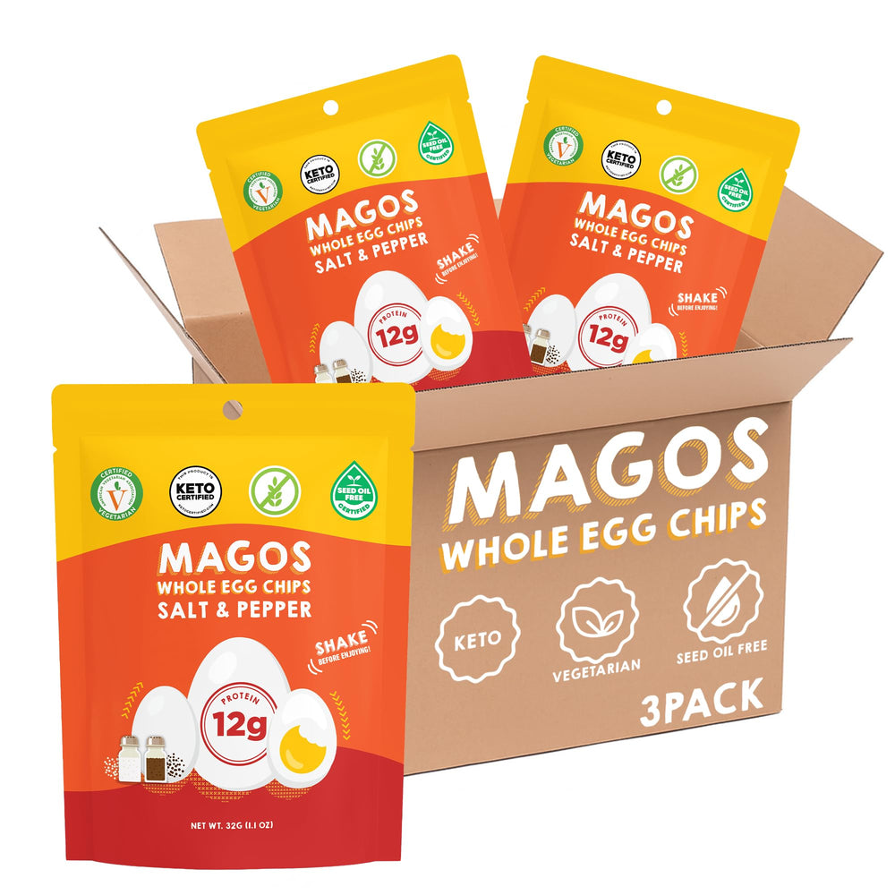 Magos Egg Chips Salt & Pepper bag front, protein-packed snack