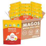 Magos Egg Chips salt and pepper bag showing crisp texture ideal for on-the-go snacking.