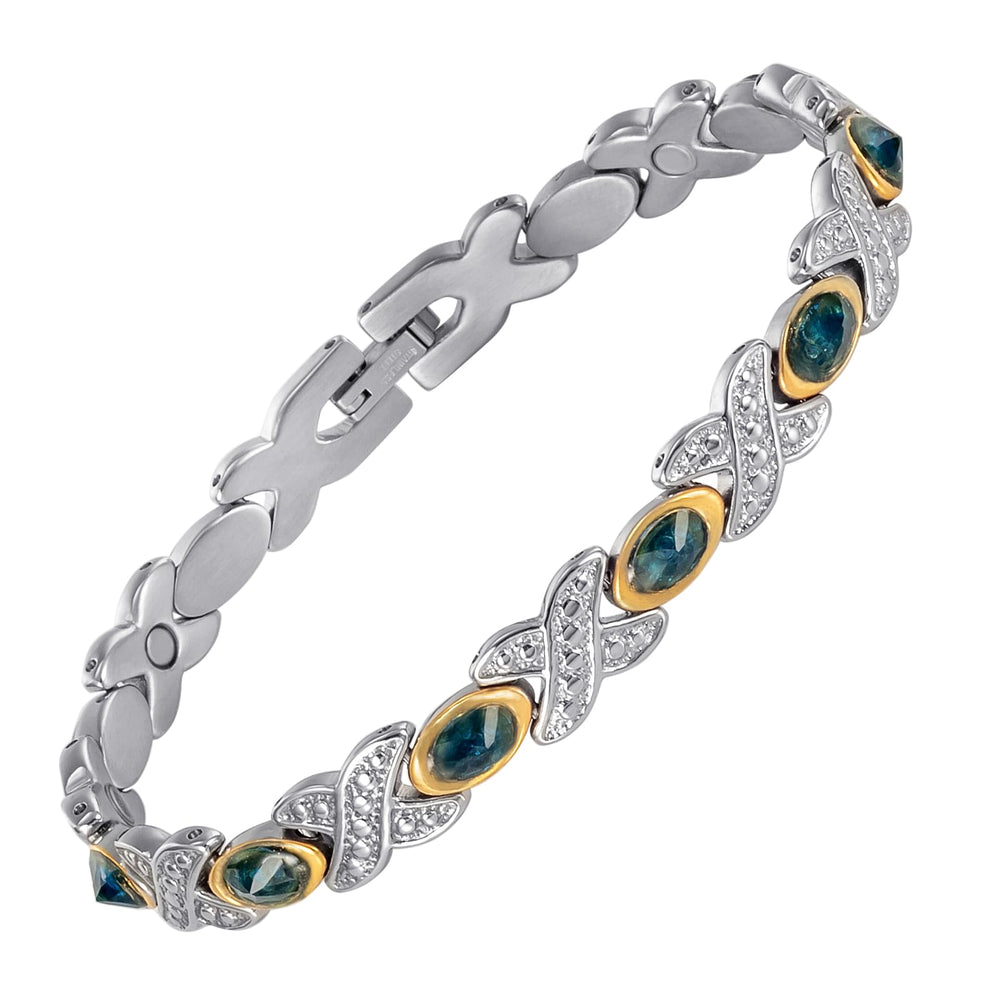 MagVIVACE amethyst lymph detox bracelet in blue, full view worn on the wrist.