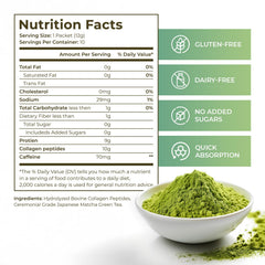 Close-up of Maiji collagen peptides scoop over fine green powder for easy mixing.