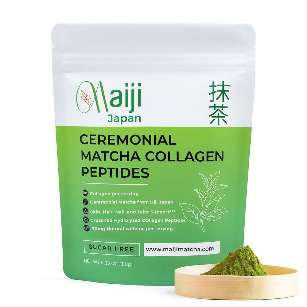 Maiji ceremonial-grade matcha powder in a bag, ideal for daily energy and ritual.
