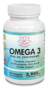 Main Products Omega 3 bottle with 90 softgels for daily support.