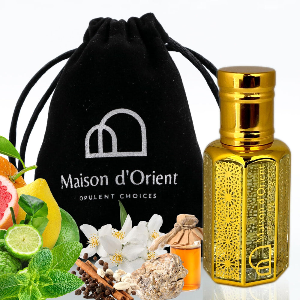Maison d'Orient White Musk for Men bottle pour highlights clean musk and lavender.