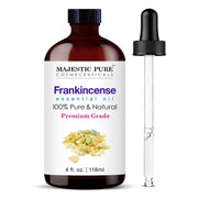 Majestic Pure Aceite de Incienso, frasco de vidrio ámbar con cuentagotas para dosificar.