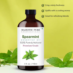 Majestic Pure Aceite Menta Verde, etiqueta detallada que facilita identificar pureza y usos
