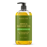 Majestic Pure Arnica Massage Oil bottle for a relaxing massage.