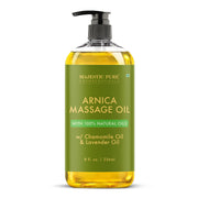 Majestic Pure Arnica Massage Oil bottle shows soothing post-use calm for tired muscles
