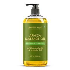 Majestic Pure Arnica Massage Oil bottle for a relaxing massage.