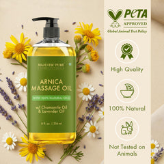 Majestic Pure Arnica Massage Oil label highlights unscented formula for sensitive skin
